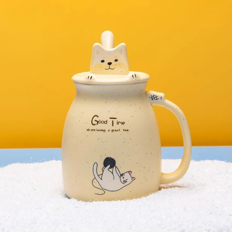 Taza creativa resistente al calor con forma de gato de colores, taza de dibujos animados de 450 ml con tapa, taza de cerámica para café con gatito, taza para niños, taza para beber de oficina, regalo