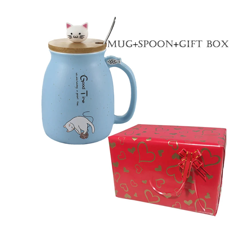 Taza creativa resistente al calor con forma de gato de colores, taza de dibujos animados de 450 ml con tapa, taza de cerámica para café con gatito, taza para niños, taza para beber de oficina, regalo