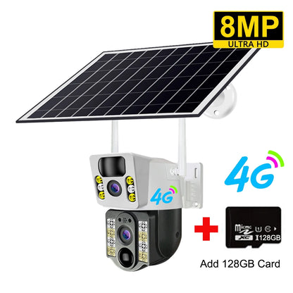 8MP 4K Wireless Solar Camera 4G Sim Outdoor Dual Lens Wifi IP Camera PIR Night Vision V380 Pro CCTV Security Protection Monitor