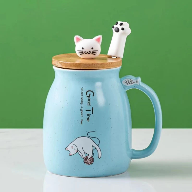 Taza creativa resistente al calor con forma de gato de colores, taza de dibujos animados de 450 ml con tapa, taza de cerámica para café con gatito, taza para niños, taza para beber de oficina, regalo