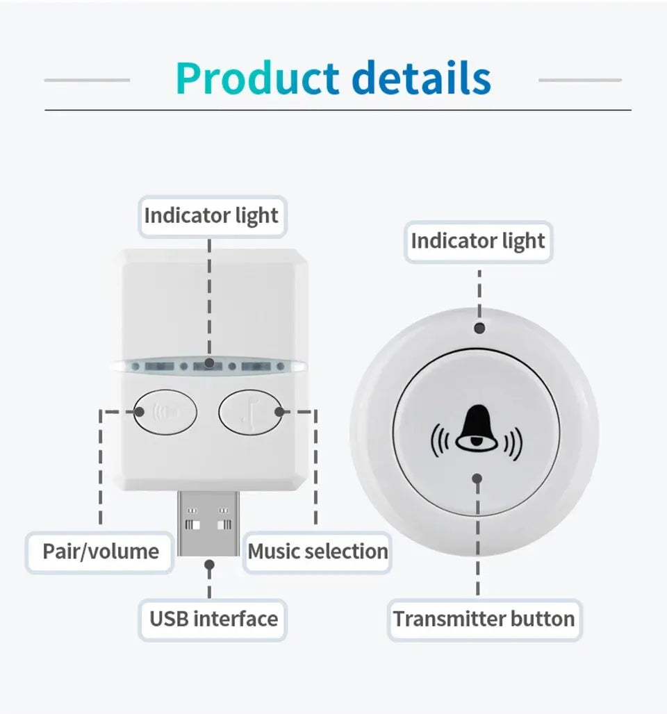 Wireless Doorbell for Home Outdoor USB Door Bell DC 5V RF433 MHz Pairing Remote Control 30 Ringtongs Volume Adjust Bed Care Call