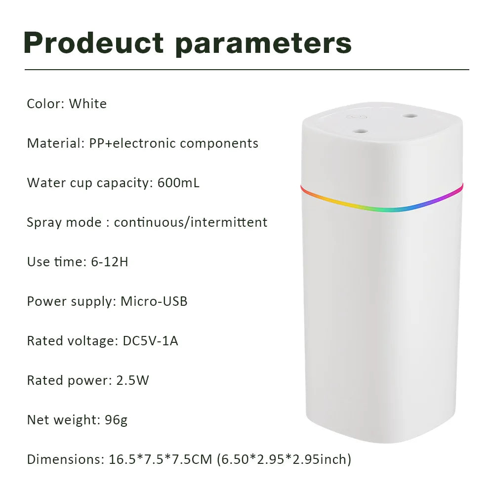 Air Humidifier USB Double Spray Port Essential Oil Aromatherapy Mute Atomizer Portable Colorful Lights 600ML Mini Humidifier