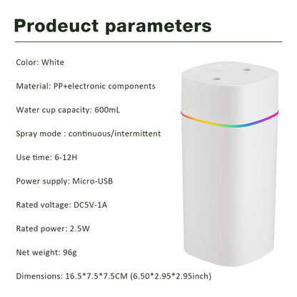 Air Humidifier USB Double Spray Port Essential Oil Aromatherapy Mute Atomizer Portable Colorful Lights 600ML Mini Humidifier