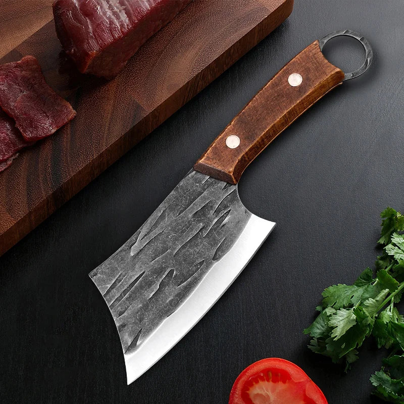 Cuchillo de carnicero forjado a mano de 4 pulgadas, de acero inoxidable, para cortar pescado, mango de madera, para cocina, para picar carne, para chef