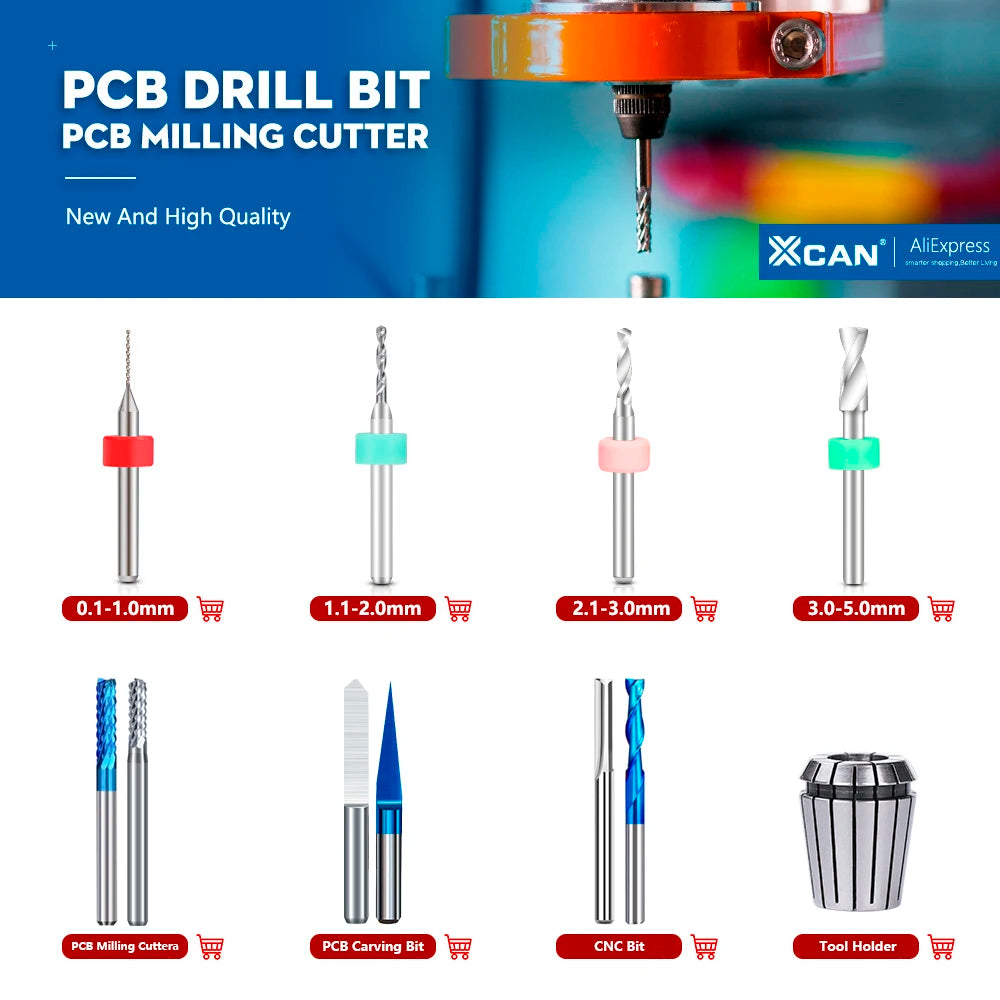 XCAN 10 piezas/juego de brocas mini para PCB de carburo de tungsteno de acero de 0,3 mm a 1,2 mm para máquina de brocas CNC para circuitos impresos