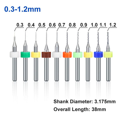 XCAN 10 piezas/juego de brocas mini para PCB de carburo de tungsteno de acero de 0,3 mm a 1,2 mm para máquina de brocas CNC para circuitos impresos