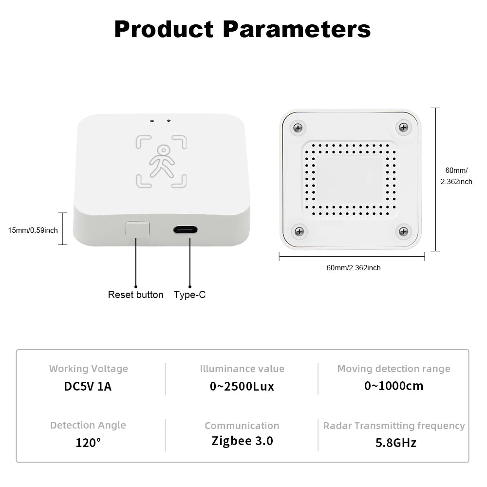 Detector de presencia humana Tuya Zigbee Smart Life MmWave Radar PIR Sensor de movimiento con detección de distancia de luminancia Monitor de respiración