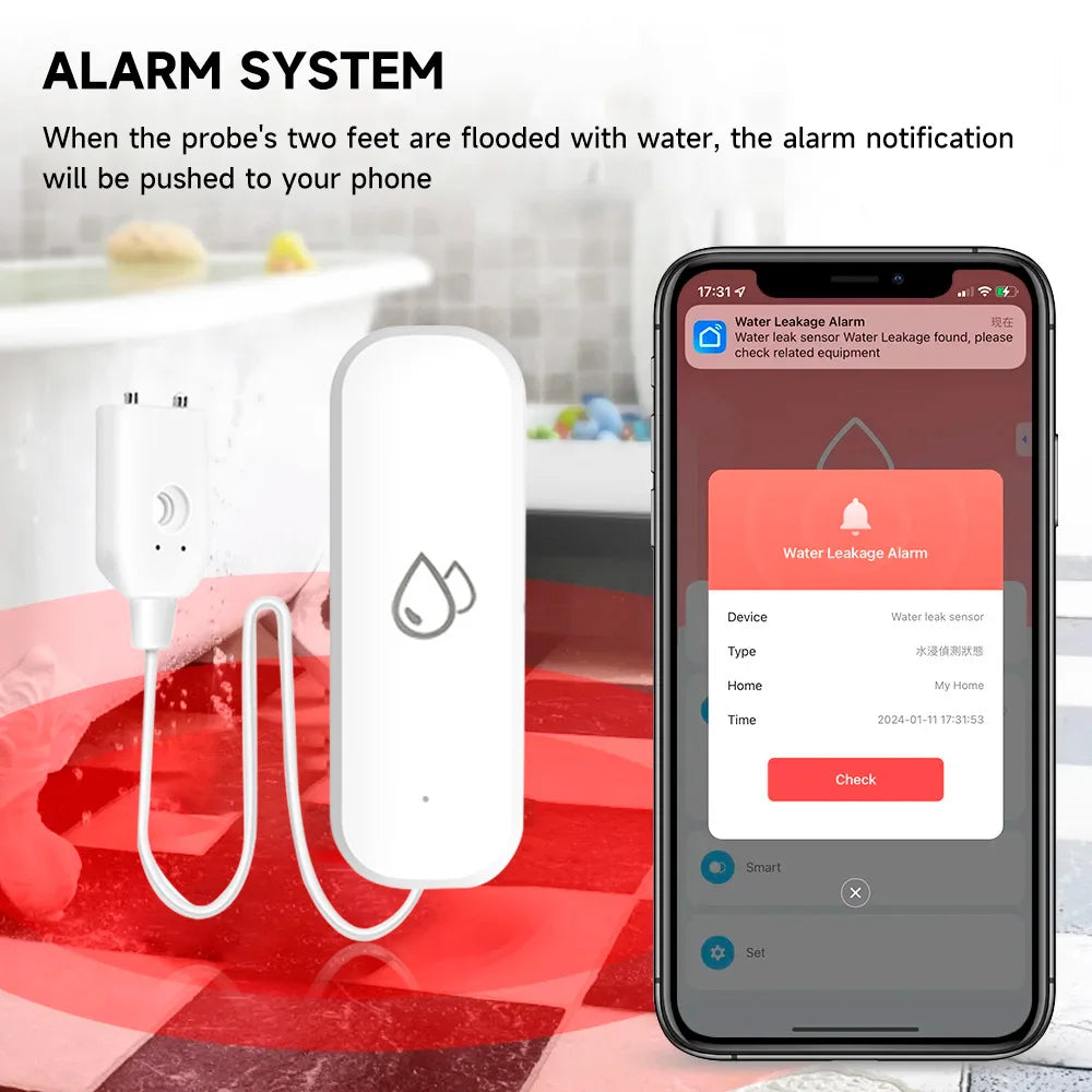 Sensor de agua Tuya WiFi/ZigBee, alarma de fugas, detector de fugas por inundación, aplicación de hogar inteligente, control remoto, protección de seguridad para el hogar inteligente