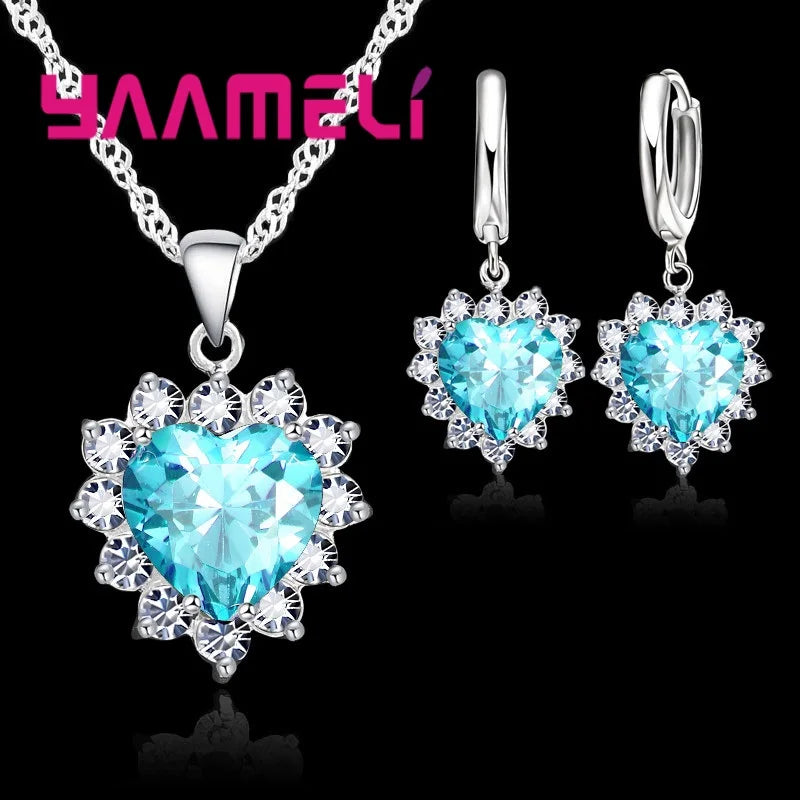 Trendy 925 Sterling Silver Jewelry Set for Women Heart CZ Stone Charm Pendants Necklaces Earrings LOVE Anniversary Gift