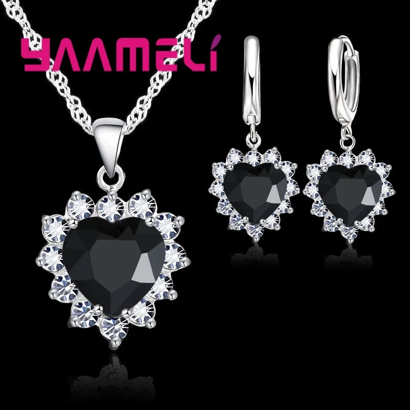 Trendy 925 Sterling Silver Jewelry Set for Women Heart CZ Stone Charm Pendants Necklaces Earrings LOVE Anniversary Gift