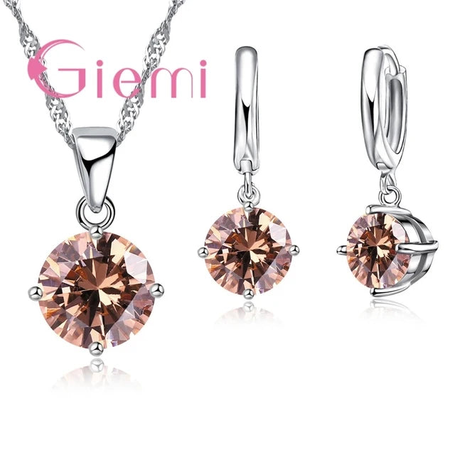 925 Sterling Silver Pendant Necklace Earrings For Women Engagement Fashion Jewelry Set Trendy Austrian Crystal Wholesale