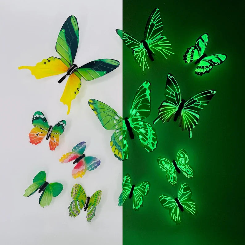 Nuevo 12 piezas de pegatinas de pared creativas de mariposa luminosa 3D de moda para bricolaje, pegatinas de pared modernas, arte de pared, decoraciones para el hogar, regalo DIY