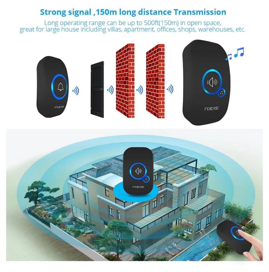 Timbre inalámbrico Fuers, timbre de bienvenida a prueba de agua, timbre de puerta inteligente con 32 canciones, alarma inteligente con batería para tienda y hotel