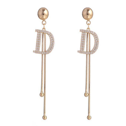 Bead Tassel Long Simple Earring Trend Gold Color Crystal Letter D Earrings Elegant Jewelry Accessories