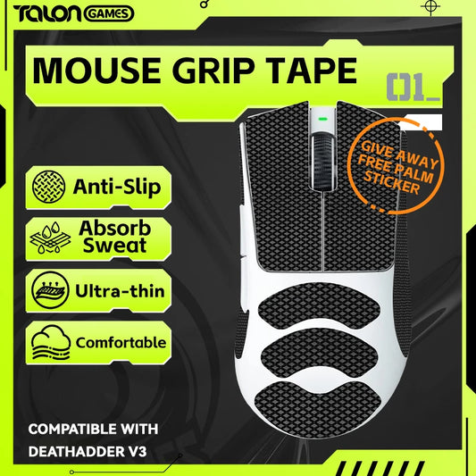 1 paquete de cinta de agarre para mouse TALONGAMES para mouse Razer DeathAdder V3 Pro, absorción de sudor en la palma, antideslizante, se corta a medida, fácil de aplicar