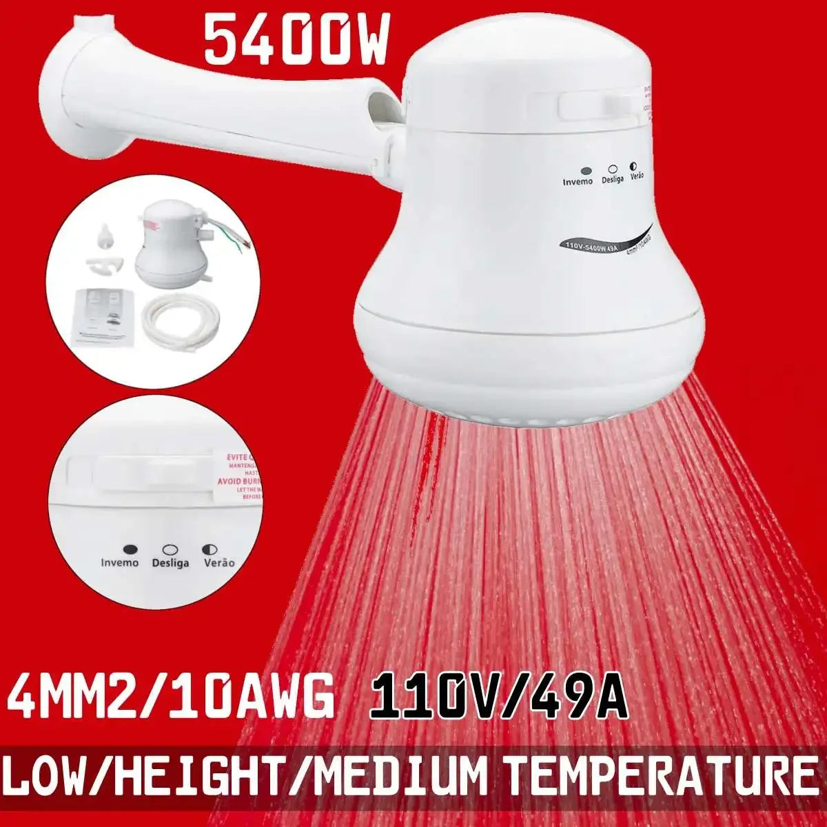 Electric Shower Head 110V/220V Instant Water Heater Temperature Controller 5.7ft Hose Bracket 3800W-5400W