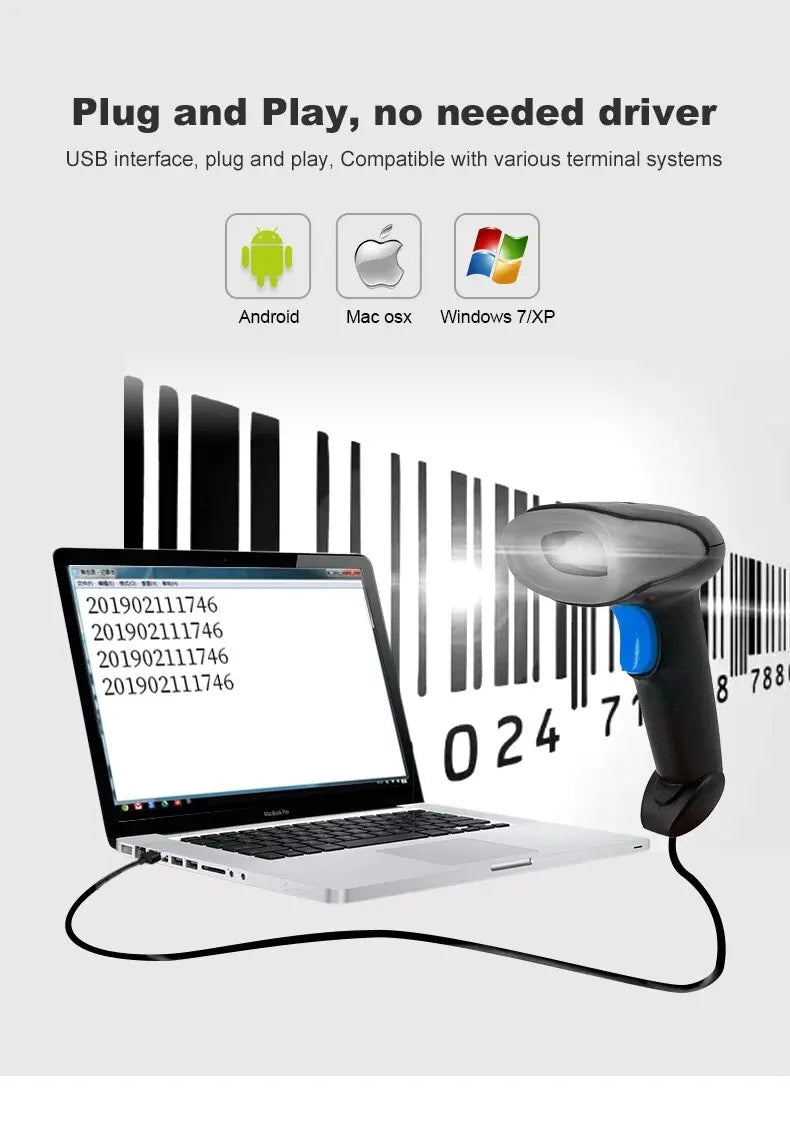 U20 1D/2D Supermarket Barcode Reader USB Wired Handheld Warehouse Bar Code QR Code Scanner CMOS Image High-speed Decoding