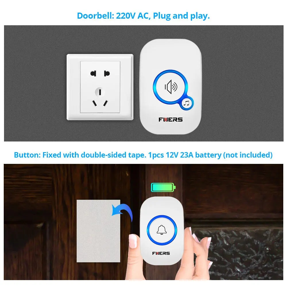 Timbre inalámbrico Fuers, timbre de bienvenida a prueba de agua, timbre de puerta inteligente con 32 canciones, alarma inteligente con batería para tienda y hotel