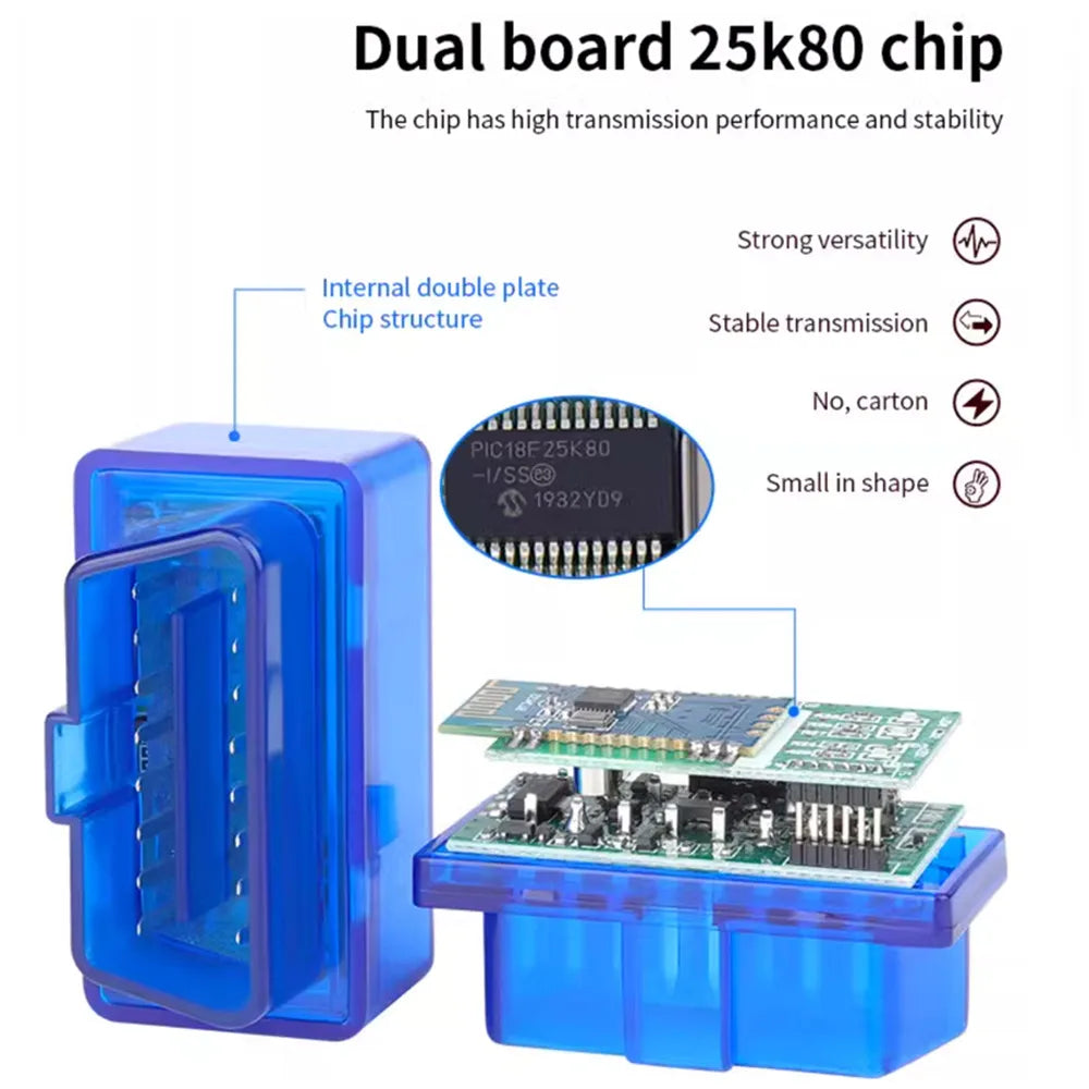 2Layer Hardware V1.5 Chip PIC18F25K80 ELM327 Bluetooth V1.5 Auto Code Reader Super MINI ELM 327 Works Android Symbian Double PCB