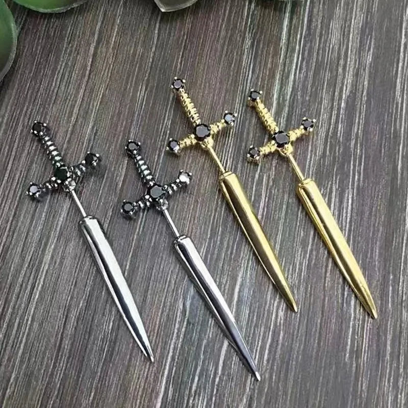 2pcs Gothic Kinitial Sword Stud Earrings, Vintage Cool Punk Crystal Ear Jacket Goth Dagger Earrings Jewelry Gift For Women