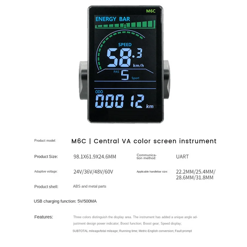 M6C Electric Bike LCD Display Meter 24V-60V E Scooter LCD Panel Color Screen with USB for Mountain Electric Bike(5PIN)