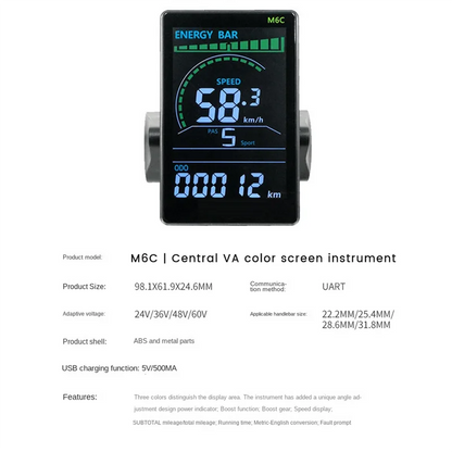 Pantalla LCD para bicicleta eléctrica M6C, medidor de 24 V-60 V, panel LCD a color con USB para bicicleta eléctrica de montaña (5 pines)