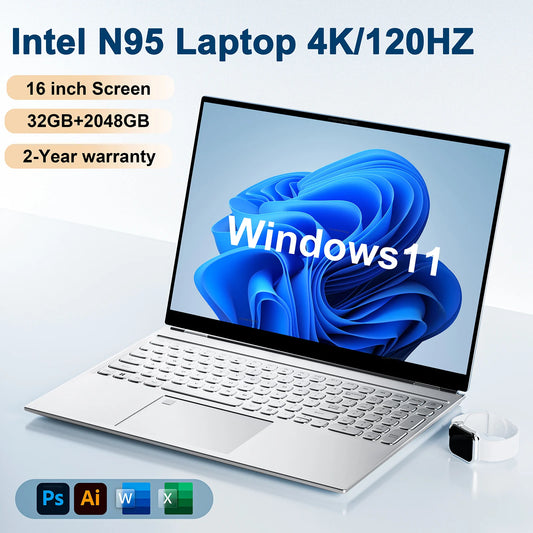 Nueva computadora portátil de 16'' Intel N95 4K HD 120HZ Pantalla 32GB + 2TB Windows 11 Pro Computadora portátil para juegos de oficina Desbloqueo de huella digital PC