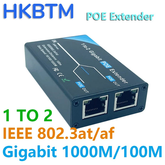 HKBTM Gigabit 2 Port POE Extender, IEEE 802.3af/at PoE+ Standard, 10/100/1000Mbps, POE Repeater 100 meters(328 ft), Extender