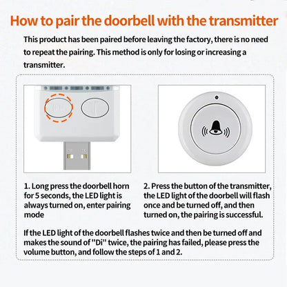 Timbre inalámbrico para el hogar, exterior, USB, CC, 5 V, RF, 433 MHz, emparejamiento, control remoto, 30 timbres, ajuste de volumen, llamada de atención en la cama