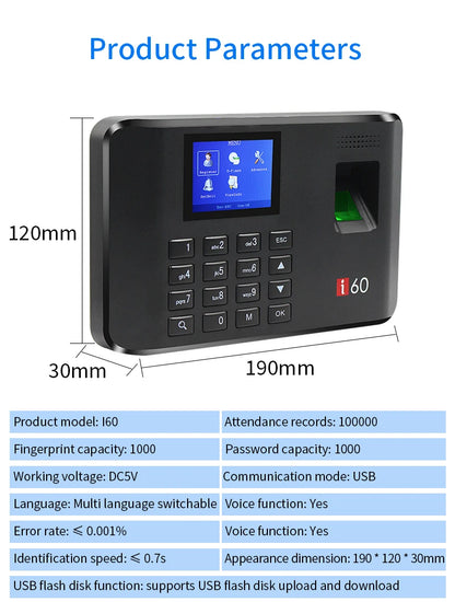 Biometric Attendance System USB Fingerprint Exit Record Recorder Reader Time Clock in Employees Date Machine Electronic Device