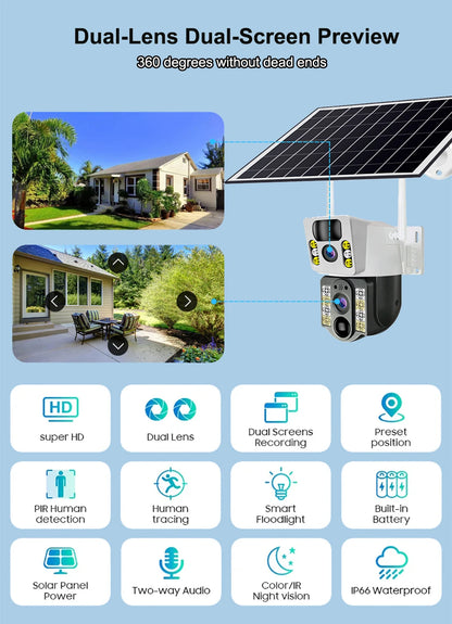 8MP 4K Wireless Solar Camera 4G Sim Outdoor Dual Lens Wifi IP Camera PIR Night Vision V380 Pro CCTV Security Protection Monitor