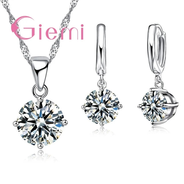 925 Sterling Silver Pendant Necklace Earrings For Women Engagement Fashion Jewelry Set Trendy Austrian Crystal Wholesale