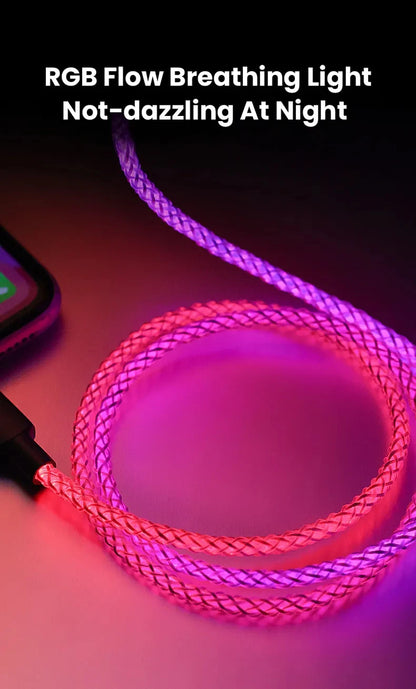 Fast Charging RGB Cable 100W Breathing Light 66W Type C USB C Data Cable for iPhone Samsung Huawei 30W Quick Charge for Xiaomi