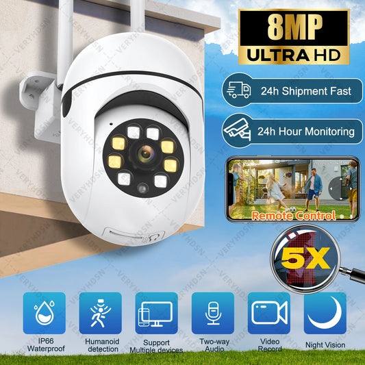 Cámara de seguridad inalámbrica Wifi de 8 MP con visión nocturna a color para exteriores, cámara de vigilancia CCTV HD para hogares inteligentes, resistente al agua IP66