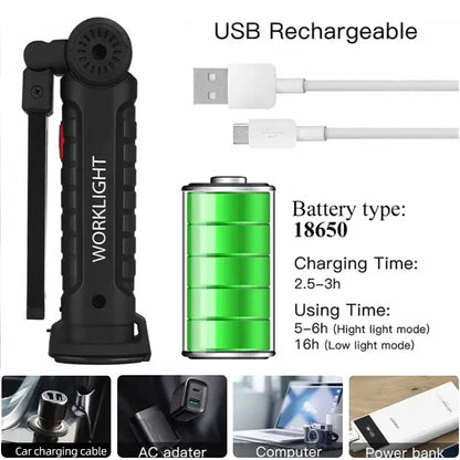 USB Rechargeable Camping LED Flashlight Work Light Magnet and Hook Waterproof Lighting Mode Suitable for Night Work