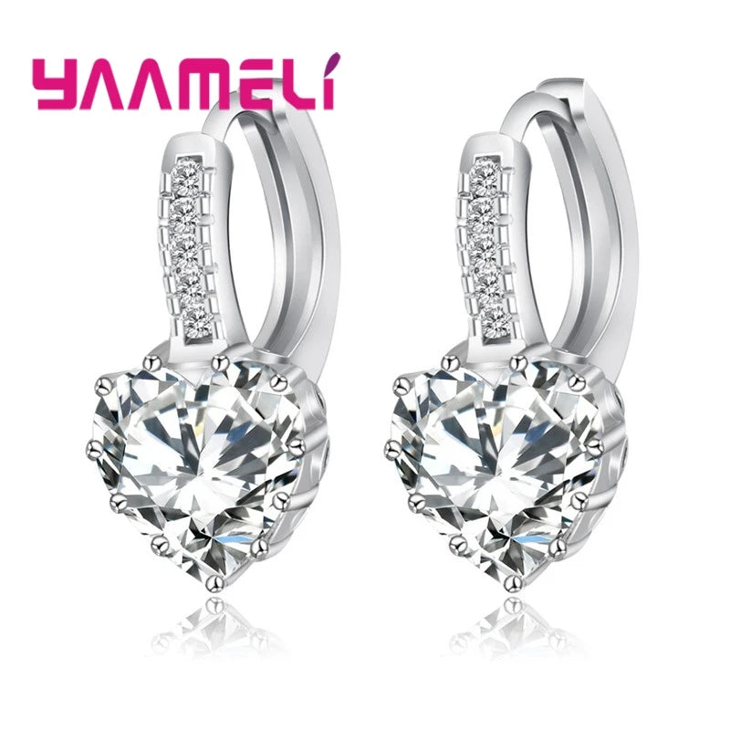 Romantic Heart Crystal Loop Lever Back Earring Austrian Cubic Zircon 925 Sterling Silver Hoop Jewelry for Women Fashion