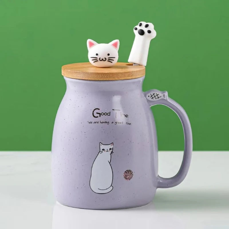 Taza creativa resistente al calor con forma de gato de colores, taza de dibujos animados de 450 ml con tapa, taza de cerámica para café con gatito, taza para niños, taza para beber de oficina, regalo