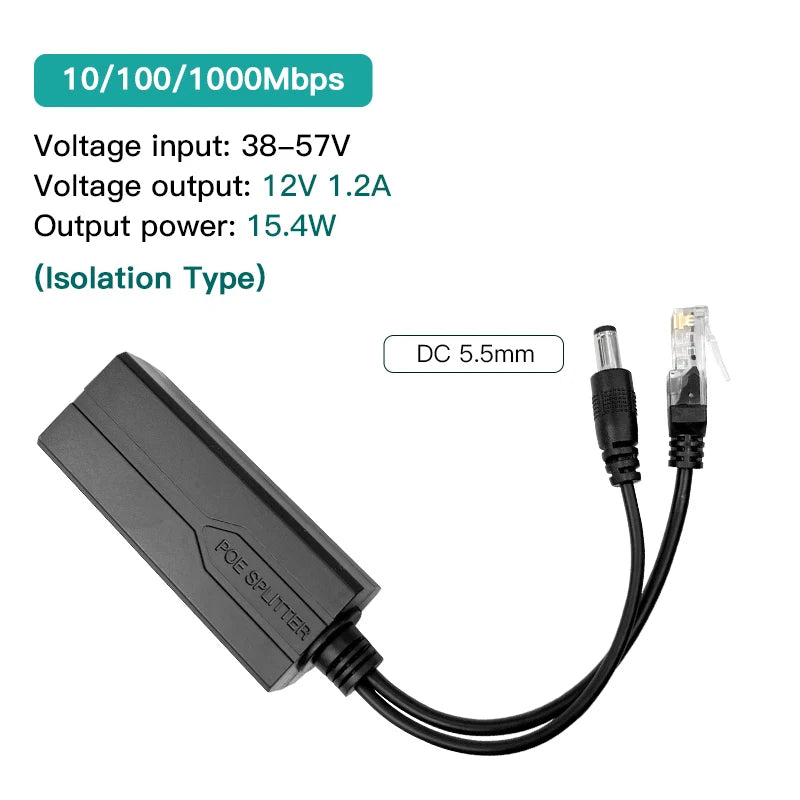 Standard POE Splitter 48V to 5V 12V 1.2A 2A Micro USB tpye-C 100M/1000M POE Camera Injector Power Supply for Huawei Hikvision