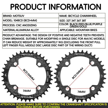 Bicycle Crank 104BCD Round Shape Narrow Wide 32T/34T/36T/38T MTB Chainring Bicycle Chainwheel Bike Circle Crankset Single Plate