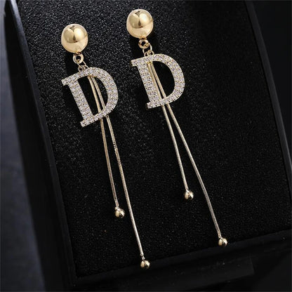 Bead Tassel Long Simple Earring Trend Gold Color Crystal Letter D Earrings Elegant Jewelry Accessories