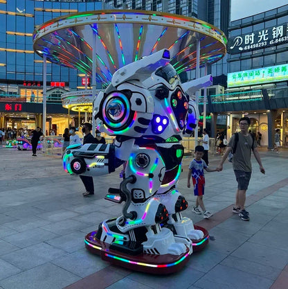 Puestos de Robots Future Warrior en el parque Square, equipos de entretenimiento para padres e hijos con bicicletas eléctricas