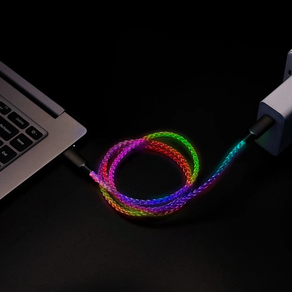 Fast Charging RGB Cable 100W Breathing Light 66W Type C USB C Data Cable for iPhone Samsung Huawei 30W Quick Charge for Xiaomi