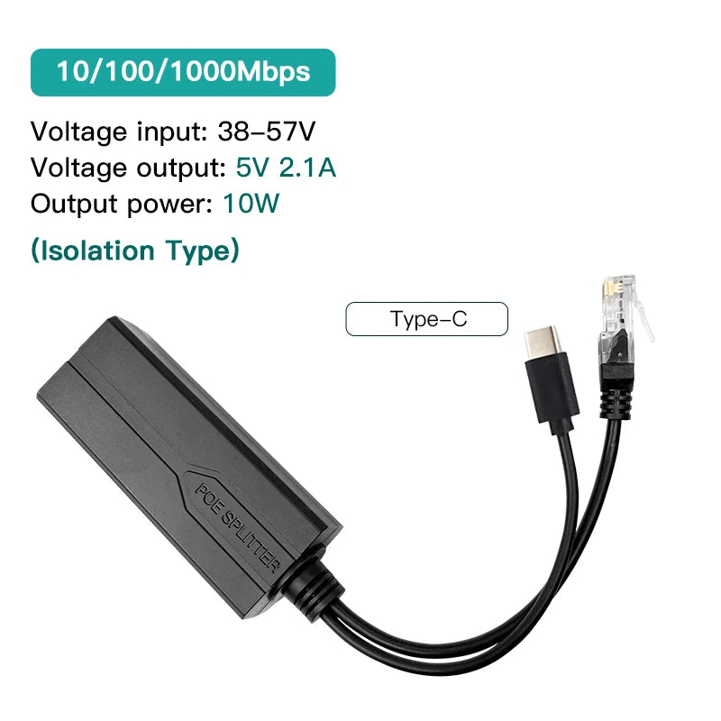 Standard POE Splitter 48V to 5V 12V 1.2A 2A Micro USB tpye-C 100M/1000M POE Camera Injector Power Supply for Huawei Hikvision