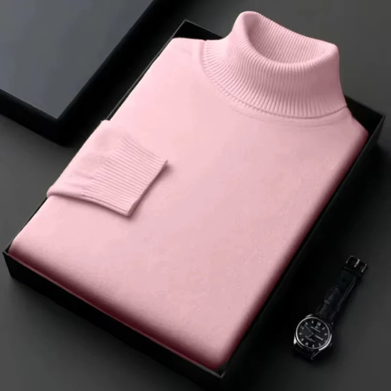 Suéter de cuello alto de punto de alta calidad antibolitas para hombre, jersey de manga larga ajustado, ropa de tendencia de color sólido para hombre