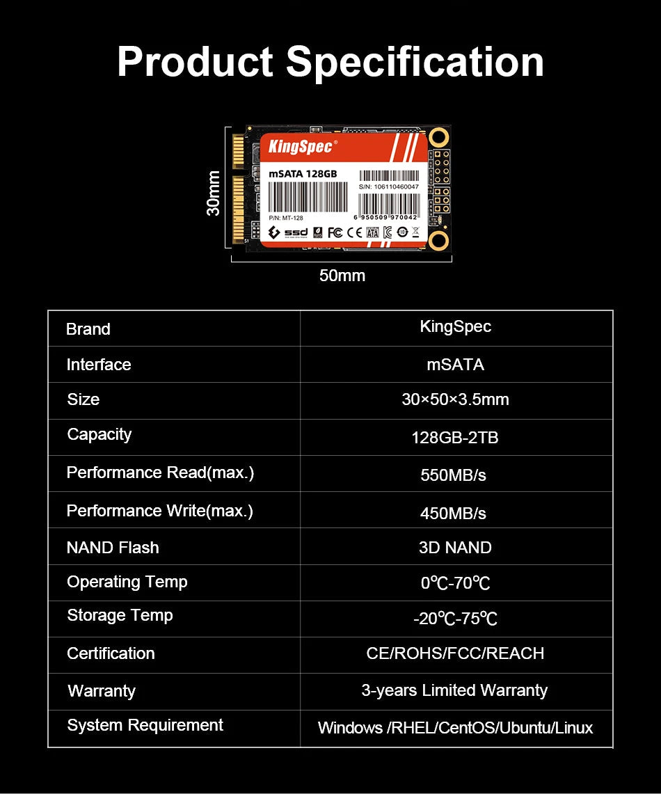 KingSpec mSATA SSD 128 GB 256 GB 512 GB mSATA SSD 1 TB 2 TB HDD para computadora de escritorio Disco duro interno de estado sólido de 3 x 5 cm para computadora portátil HP