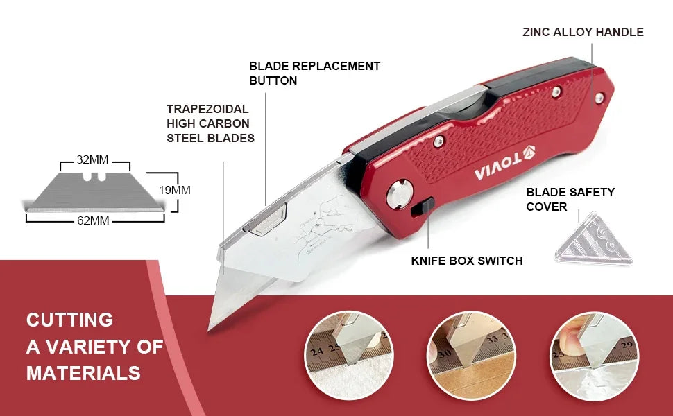 T TOVIA Folding Knife Replaceable Utility Knife for Cable Cartons Carboard Boxes Cutter Handle Knife Blades Outdoor Hand Tool