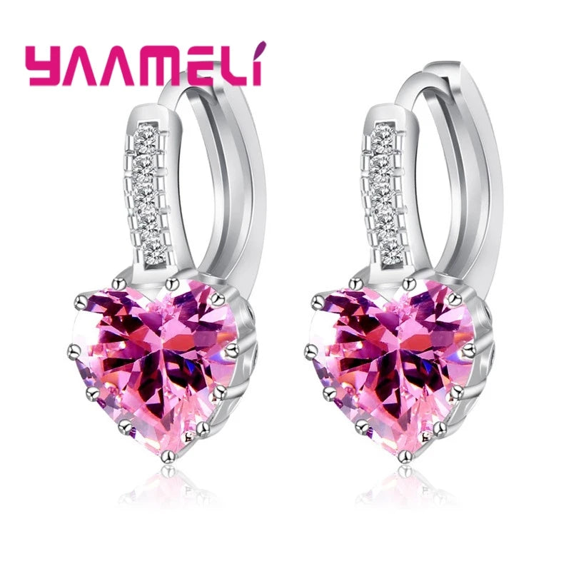 Romantic Heart Crystal Loop Lever Back Earring Austrian Cubic Zircon 925 Sterling Silver Hoop Jewelry for Women Fashion