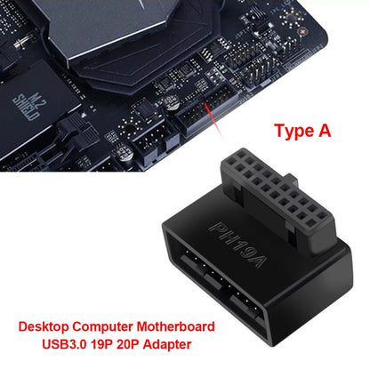 Adaptador de cabezal de placa base de computadora USB 3.0 19P 20P Convertidor enchufable de 90 grados Conector de placa base de PC