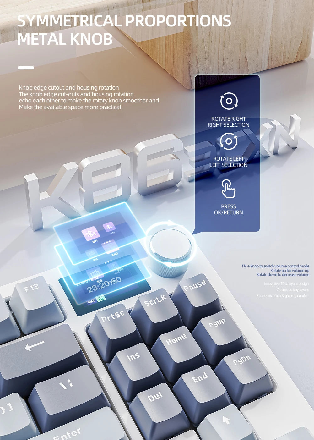 K86 Wireless Hot-Swappable Mechanical Keyboard Bluetooth/2.4g With Display Screen and Volume Rotary Button for Games and Work