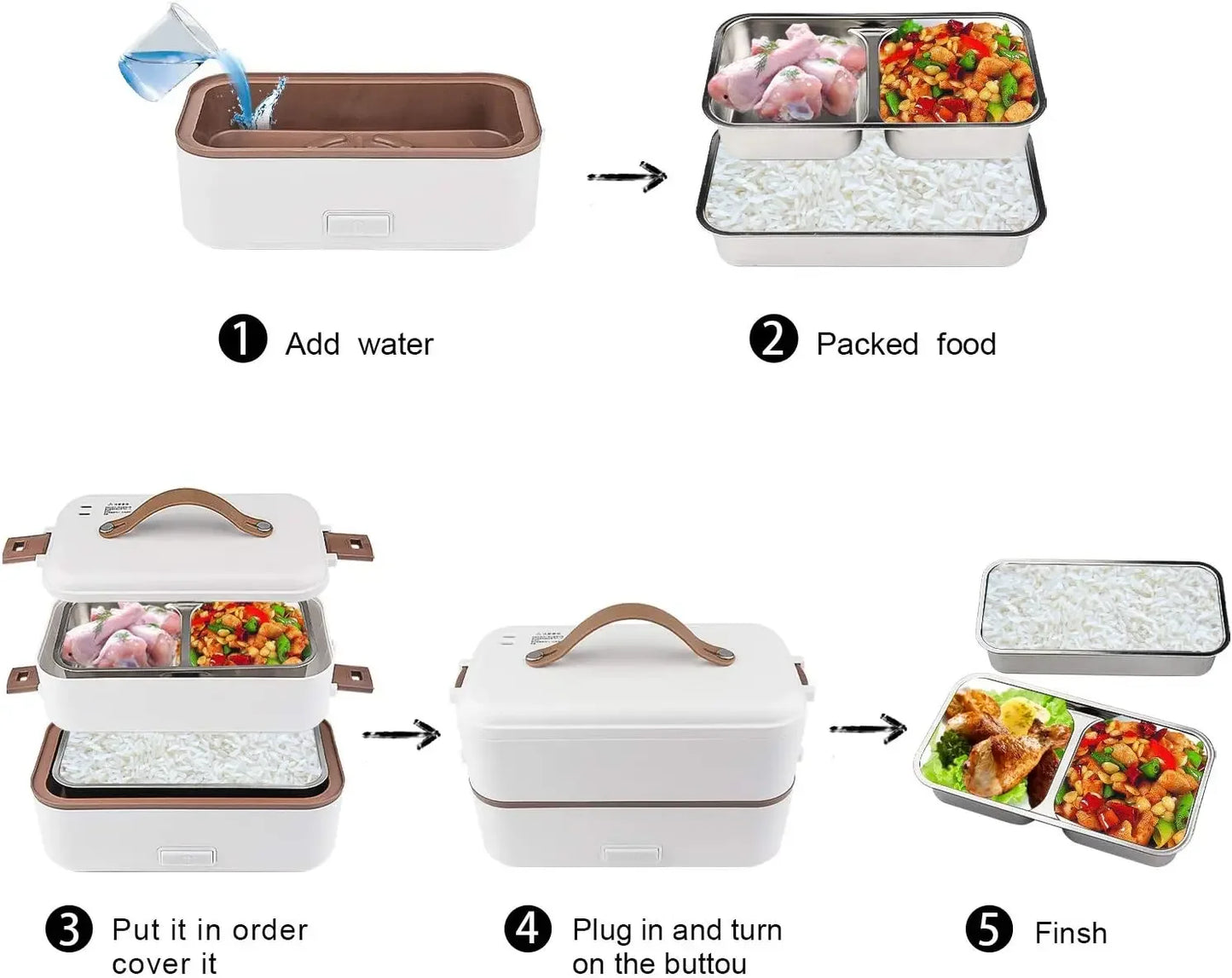 Self Cooking Electric Lunch Box, Portable Food Warmer for On-the-Go,Rice Cooker 2 Layers 800ML Heated Lunch Box for Home Office